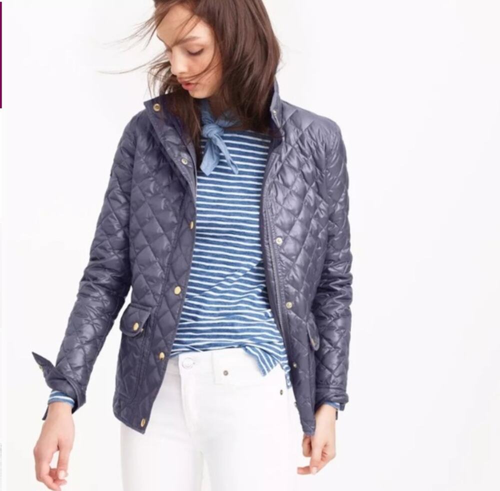 J. Crew Shiny Downtown Quilted Field Puffer Jacket Navy Blue C8548 Size S